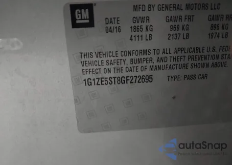 2016 Chevrolet Malibu 1Lt из США, поврежденный, VIN 1G1ZE5ST8GF272695